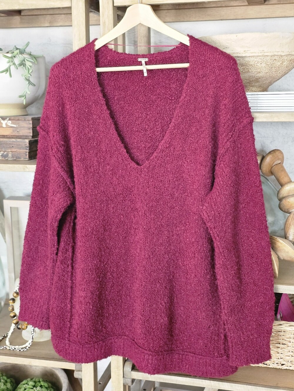 The Free People Lofty Songbird Cozy Bouclé V-Neck Sweater Deep Red